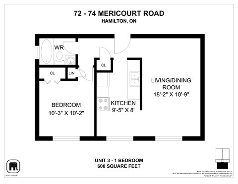 A floor plan for a one bedroom unit at 72-74 Mericourt Road, Hamilton, On.
